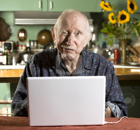 To use this stock image in your creative project, please select the size you need over to the right and click the "Add to Cart" button.
Your downloaded image will come with the Cutcaster watermark removed so don’t worry about the watermark you see on this page. Senior Man with a Laptop Computer stock photo, Senior in Dining Room with a Laptop Computer by Scott Griessel