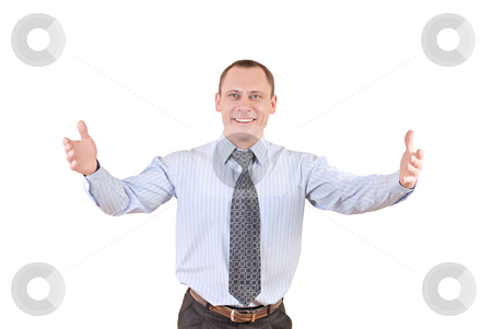 To use this stock image in your creative project, please select the size you need over to the right and click the "Add to Cart" button.
Your downloaded image will come with the Cutcaster watermark removed so don’t worry about the watermark you see on this page. Man glad meets stock photo, Adult businessman welcomes visitors with smile on person. by Vadim Maier