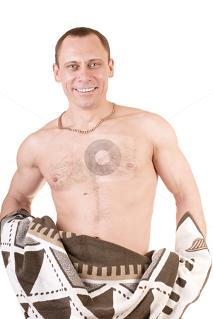 To use this stock image in your creative project, please select the size you need over to the right and click the "Add to Cart" button.
Your downloaded image will come with the Cutcaster watermark removed so don’t worry about the watermark you see on this page. Man smiles keeps in hand towel stock photo, Man with towel is going to in shower by Vadim Maier