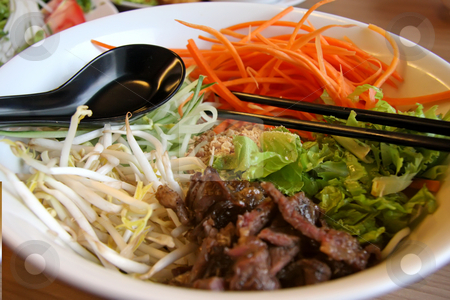 To use this stock image in your creative project, please select the size you need over to the right and click the "Add to Cart" button.
Your downloaded image will come with the Cutcaster watermark removed so don’t worry about the watermark you see on this page. Vietnamese noodles stock photo, Vietnamese cuisine dish of mixed noodles beef and vegetables by Kheng Guan Toh