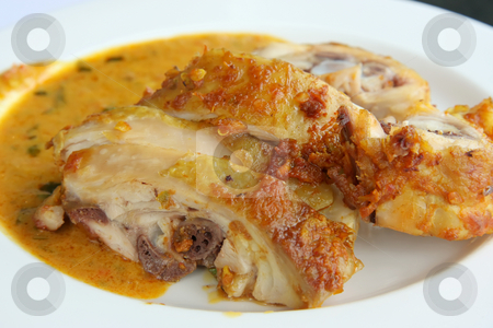 To use this stock image in your creative project, please select the size you need over to the right and click the "Add to Cart" button.
Your downloaded image will come with the Cutcaster watermark removed so don’t worry about the watermark you see on this page. Roast chicken stock photo, Sliced spicy roast chicken served with sauce by Kheng Guan Toh