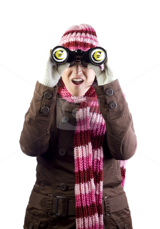To use this stock image in your creative project, please select the size you need over to the right and click the "Add to Cart" button.
Your downloaded image will come with the Cutcaster watermark removed so don’t worry about the watermark you see on this page. Girl with money binoculars stock photo, Woman holding and looking through binoculars by Ivan Montero