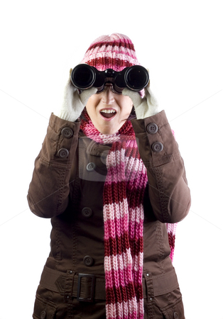 To use this stock image in your creative project, please select the size you need over to the right and click the "Add to Cart" button.
Your downloaded image will come with the Cutcaster watermark removed so don’t worry about the watermark you see on this page. Girl with binoculars stock photo, Woman holding and looking through binoculars by Ivan Montero