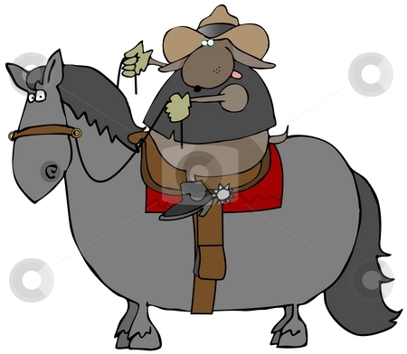 To use this stock image in your creative project, please select the size you need over to the right and click the "Add to Cart" button.
Your downloaded image will come with the Cutcaster watermark removed so don’t worry about the watermark you see on this page. Dog Riding A Horse stock photo, This illustration depicts a dog in western wear riding a horse. by Dennis Cox