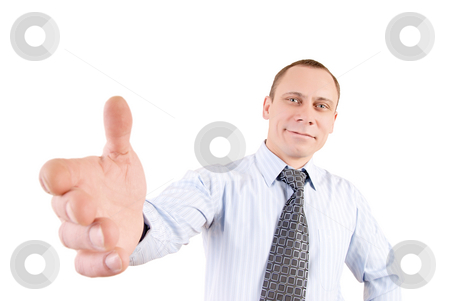 To use this stock image in your creative project, please select the size you need over to the right and click the "Add to Cart" button.
Your downloaded image will come with the Cutcaster watermark removed so don’t worry about the watermark you see on this page. Merry lad with big hand stock photo, Businessman offering you a friendly handshake by Vadim Maier