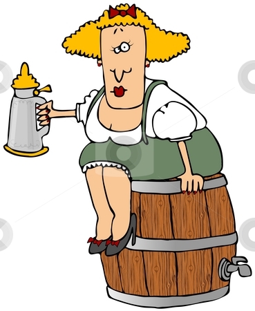 To use this stock image in your creative project, please select the size you need over to the right and click the "Add to Cart" button.
Your downloaded image will come with the Cutcaster watermark removed so don’t worry about the watermark you see on this page. Beer Barrel Woman stock photo, This illustration depicts a Bavarian woman sitting on a beer keg and holding a stein. by Dennis Cox