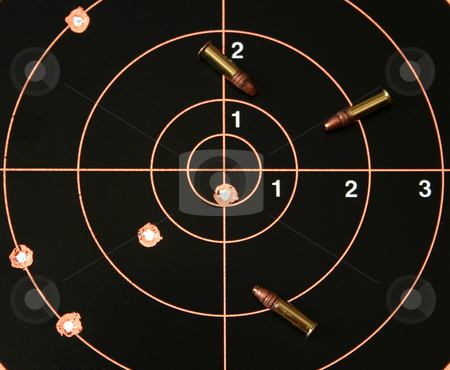 To use this stock image in your creative project, please select the size you need over to the right and click the "Add to Cart" button.
Your downloaded image will come with the Cutcaster watermark removed so don’t worry about the watermark you see on this page. Target Shoot 4 stock photo, Target with bullet hole on bullseye plus three .22 caliber bullets. by Clay Anthony