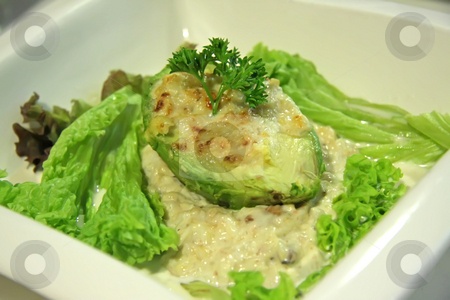 To use this stock image in your creative project, please select the size you need over to the right and click the "Add to Cart" button.
Your downloaded image will come with the Cutcaster watermark removed so don’t worry about the watermark you see on this page. Avocado crab salad stock photo, Avocado and crab salad with leafy vegetables on white plate by Kheng Guan Toh