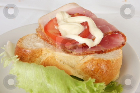 To use this stock image in your creative project, please select the size you need over to the right and click the "Add to Cart" button.
Your downloaded image will come with the Cutcaster watermark removed so don’t worry about the watermark you see on this page. Ham sandwich stock photo, Open faced ham sanwich on crusty bread with tomato and lettuce by Kheng Guan Toh