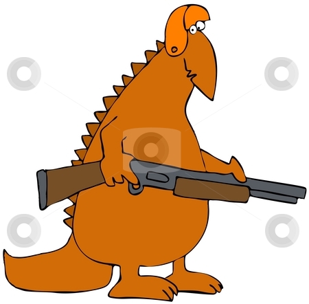 To use this stock image in your creative project, please select the size you need over to the right and click the "Add to Cart" button.
Your downloaded image will come with the Cutcaster watermark removed so don’t worry about the watermark you see on this page. Dinosaur Hunter stock photo, This illustration depicts an orange dinosaur carrying a rifle. by Dennis Cox