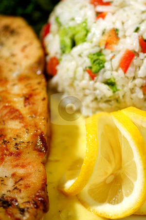 To use this stock image in your creative project, please select the size you need over to the right and click the "Add to Cart" button.
Your downloaded image will come with the Cutcaster watermark removed so don’t worry about the watermark you see on this page. Lemon chicken with rice stock photo, Grilled chicken breast with rice and lemon sauce by Mark Yuill