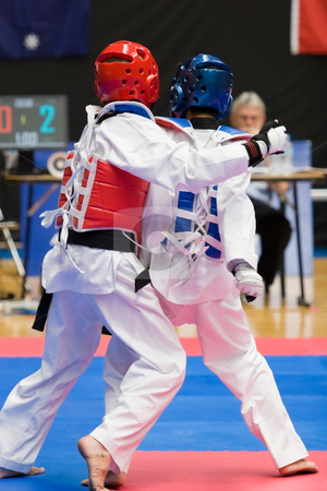 To use this stock image in your creative project, please select the size you need over to the right and click the "Add to Cart" button.
Your downloaded image will come with the Cutcaster watermark removed so don’t worry about the watermark you see on this page. Taekwondo stock photo, Martial arts competitors in action by Nicholas Rjabow