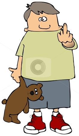 To use this stock image in your creative project, please select the size you need over to the right and click the "Add to Cart" button.
Your downloaded image will come with the Cutcaster watermark removed so don’t worry about the watermark you see on this page. Finger Boy stock photo, This illustration depicts a small boy carrying a teddy bear and flipping the bird. by Dennis Cox