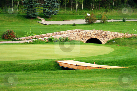 To use this stock image in your creative project, please select the size you need over to the right and click the "Add to Cart" button.
Your downloaded image will come with the Cutcaster watermark removed so don’t worry about the watermark you see on this page. Golf course stock photo, A stone bridge on a green golf course by Sam Sapp
