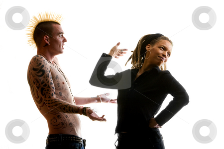 To use this stock image in your creative project, please select the size you need over to the right and click the "Add to Cart" button.
Your downloaded image will come with the Cutcaster watermark removed so don’t worry about the watermark you see on this page. Clueless Man and Reacting Woman stock photo, Man with Mohawk and Woman wearing Dreadlocks by Scott Griessel