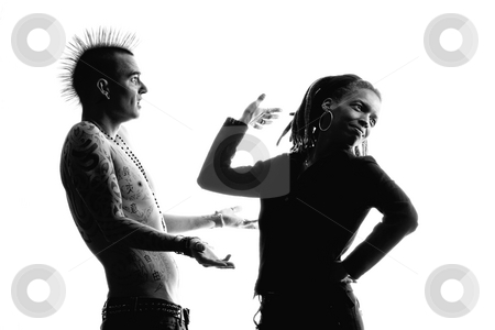 To use this stock image in your creative project, please select the size you need over to the right and click the "Add to Cart" button.
Your downloaded image will come with the Cutcaster watermark removed so don’t worry about the watermark you see on this page. Clueless Man and Reacting Woman stock photo, Man with Mohawk and Woman wearing Dreadlocks by Scott Griessel