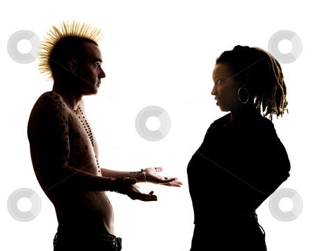 To use this stock image in your creative project, please select the size you need over to the right and click the "Add to Cart" button.
Your downloaded image will come with the Cutcaster watermark removed so don’t worry about the watermark you see on this page. Man and woman looking at each other stock photo, Man with Mohawk and Woman wearing Dreadlocks by Scott Griessel