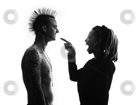 To use this stock image in your creative project, please select the size you need over to the right and click the "Add to Cart" button.
Your downloaded image will come with the Cutcaster watermark removed so don’t worry about the watermark you see on this page. Woman pointing at man stock photo, Man with Mohawk and Woman wearing Dreadlocks by Scott Griessel