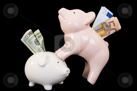 To use this stock image in your creative project, please select the size you need over to the right and click the "Add to Cart" button.
Your downloaded image will come with the Cutcaster watermark removed so don’t worry about the watermark you see on this page. Piggybank with various currency stock photo, Piggybank with American Dollar and Euro banknotes on a black background. Concept of the Euro being on top of the Dollar, indicating the stronger currency. by Nicolaas Traut
