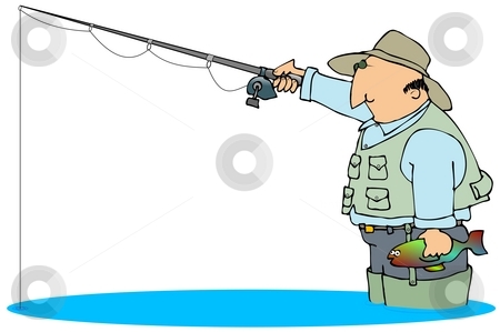 To use this stock image in your creative project, please select the size you need over to the right and click the "Add to Cart" button.
Your downloaded image will come with the Cutcaster watermark removed so don’t worry about the watermark you see on this page. Fisherman stock photo, This illustration depicts a fisherman in waders with his line in the water. by Dennis Cox