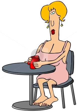 To use this stock image in your creative project, please select the size you need over to the right and click the "Add to Cart" button.
Your downloaded image will come with the Cutcaster watermark removed so don’t worry about the watermark you see on this page. Woman Drinking Coffee stock photo, This illustration depicts a woman sitting at a table barefoot and drinking coffee. by Dennis Cox