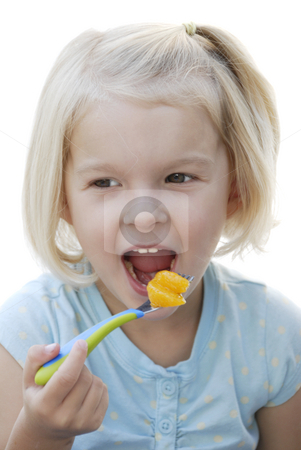 To use this stock image in your creative project, please select the size you need over to the right and click the "Add to Cart" button.
Your downloaded image will come with the Cutcaster watermark removed so don’t worry about the watermark you see on this page. Girl with Fork stock photo, Young child eating tangerine on a fork. Isolated on a white background by A Cotton Photo