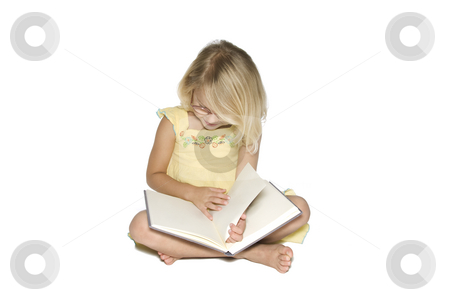 To use this stock image in your creative project, please select the size you need over to the right and click the "Add to Cart" button.
Your downloaded image will come with the Cutcaster watermark removed so don’t worry about the watermark you see on this page. Little Girl Reading stock photo, A young blonde girl sitting crosslegged while reading a textbook. Isolated on a white background by A Cotton Photo