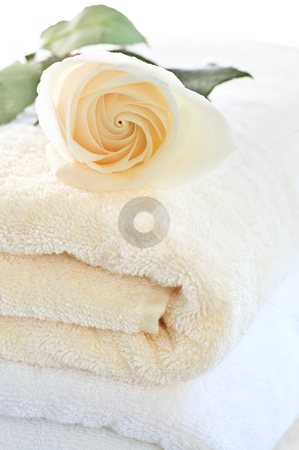 To use this stock image in your creative project, please select the size you need over to the right and click the "Add to Cart" button.
Your downloaded image will come with the Cutcaster watermark removed so don’t worry about the watermark you see on this page. Stack of towels and rose stock photo, Stack of soft luxury towels with fresh flower by Elena Elisseeva