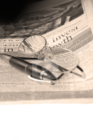 To use this stock image in your creative project, please select the size you need over to the right and click the "Add to Cart" button.
Your downloaded image will come with the Cutcaster watermark removed so don’t worry about the watermark you see on this page. Pen and glasses and newspaper stock photo, Pen and glassesand newspaper over white glass table by Francesco Perre