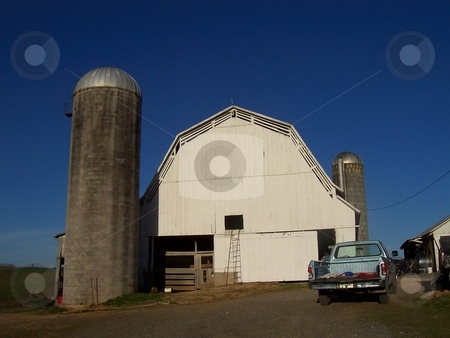 To use this stock image in your creative project, please select the size you need over to the right and click the "Add to Cart" button.
Your downloaded image will come with the Cutcaster watermark removed so don’t worry about the watermark you see on this page. Barn and Concrete Silos stock photo, White barn and two concrete silos used for storage at a dairy farm in Tennessee by Krystal McCammon