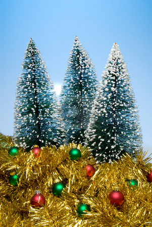 To use this stock image in your creative project, please select the size you need over to the right and click the "Add to Cart" button.
Your downloaded image will come with the Cutcaster watermark removed so don’t worry about the watermark you see on this page. Christmas Trees stock photo, Christmas trees covered in snow surrounded by garland and ornaments. by Robert Byron