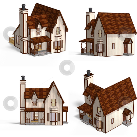 To use this stock image in your creative project, please select the size you need over to the right and click the "Add to Cart" button.
Your downloaded image will come with the Cutcaster watermark removed so don’t worry about the watermark you see on this page. Medieval Houses Cottage stock photo, Four Views of an old fashioned house over white by Ralf Kraft