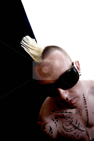 To use this stock image in your creative project, please select the size you need over to the right and click the "Add to Cart" button.
Your downloaded image will come with the Cutcaster watermark removed so don’t worry about the watermark you see on this page. Man with a Mohawk stock photo, Shirtless man with a Mohawk hair style and glasses by Scott Griessel