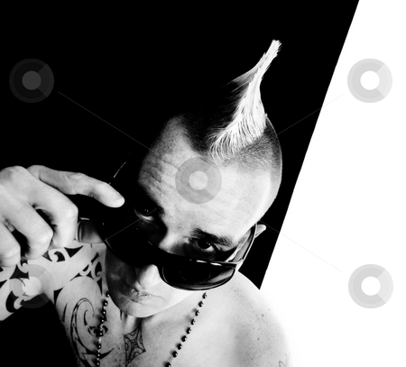To use this stock image in your creative project, please select the size you need over to the right and click the "Add to Cart" button.
Your downloaded image will come with the Cutcaster watermark removed so don’t worry about the watermark you see on this page. Man with a Mohawk stock photo, Shirtless man with a Mohawk hair style and glasses by Scott Griessel