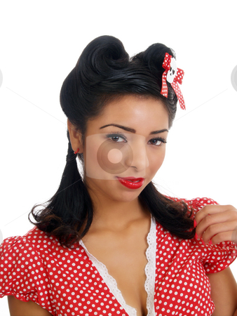 To use this stock image in your creative project, please select the size you need over to the right and click the "Add to Cart" button.
Your downloaded image will come with the Cutcaster watermark removed so don’t worry about the watermark you see on this page. Young hispanic woman in polka dot top stock photo, Young latina woman with red and white top by Jeff Cleveland