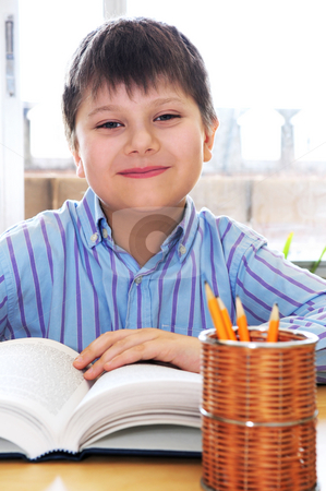To use this stock image in your creative project, please select the size you need over to the right and click the "Add to Cart" button.
Your downloaded image will come with the Cutcaster watermark removed so don’t worry about the watermark you see on this page. School boy studying stock photo, Happy school boy studying with a book by Elena Elisseeva