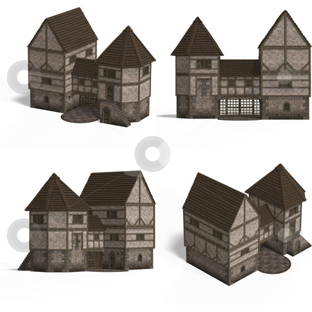 To use this stock image in your creative project, please select the size you need over to the right and click the "Add to Cart" button.
Your downloaded image will come with the Cutcaster watermark removed so don’t worry about the watermark you see on this page. Medieval Houses - Gatehouse stock photo, Four Views of an old fashioned house over white by Ralf Kraft