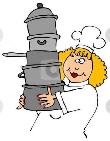 To use this stock image in your creative project, please select the size you need over to the right and click the "Add to Cart" button.
Your downloaded image will come with the Cutcaster watermark removed so don’t worry about the watermark you see on this page. Chef Carrying Pots stock photo, This illustration depicts a female chef carrying a stack of assorted cooking pots. by Dennis Cox