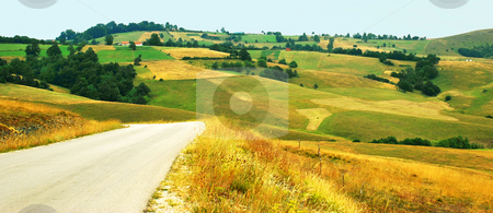 To use this stock image in your creative project, please select the size you need over to the right and click the "Add to Cart" button.
Your downloaded image will come with the Cutcaster watermark removed so don’t worry about the watermark you see on this page. Rural landscape stock photo, Green yellow meadows and fields over hills by Julija Sapic
