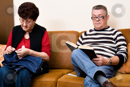 To use this stock image in your creative project, please select the size you need over to the right and click the "Add to Cart" button.
Your downloaded image will come with the Cutcaster watermark removed so don’t worry about the watermark you see on this page. Elderly couple on the couch stock photo, Elderly couple on the couch reading and sewing by Frenk and Danielle Kaufmann