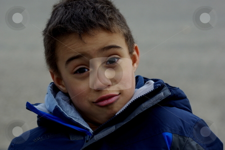 To use this stock image in your creative project, please select the size you need over to the right and click the "Add to Cart" button.
Your downloaded image will come with the Cutcaster watermark removed so don’t worry about the watermark you see on this page. Portrait of a boy stock photo, A young boy's facial expression displays a variety of response from question to attitude during outdoor activity on a cold day. by Dennis Thomsen