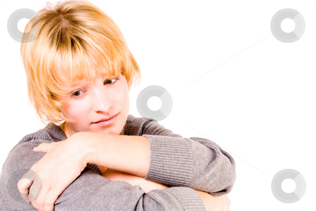 To use this stock image in your creative project, please select the size you need over to the right and click the "Add to Cart" button.
Your downloaded image will come with the Cutcaster watermark removed so don’t worry about the watermark you see on this page. Red haired girl looking depressed and pensive stock photo, Studio portrait of a red haired girl looking sad by Frenk and Danielle Kaufmann