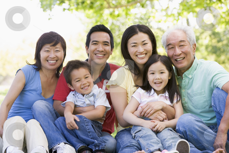 To use this stock image in your creative project, please select the size you need over to the right and click the "Add to Cart" button.
Your downloaded image will come with the Cutcaster watermark removed so don’t worry about the watermark you see on this page. Extended family sitting outdoors smiling stock photo, by Monkey Business Images