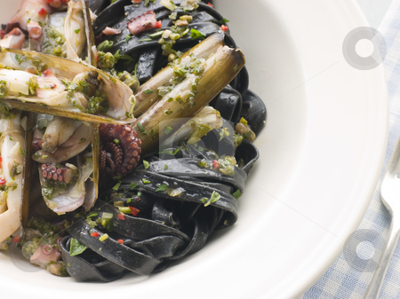 To use this stock image in your creative project, please select the size you need over to the right and click the "Add to Cart" button.
Your downloaded image will come with the Cutcaster watermark removed so don’t worry about the watermark you see on this page. Sauteed Razor Clams with Baby Octopus Pesto and Tagliatelle Nero stock photo, Plate of Sauteed Razor Clams with Baby Octopus Pesto and Tagliatelle Nero by Monkey Business Images