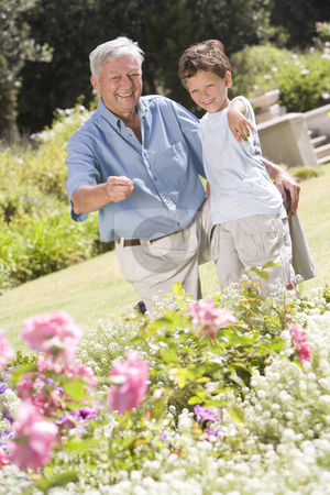 To use this stock image in your creative project, please select the size you need over to the right and click the "Add to Cart" button.
Your downloaded image will come with the Cutcaster watermark removed so don’t worry about the watermark you see on this page. Grandfather and grandson outdoors in garden pointing at plants a stock photo, by Monkey Business Images