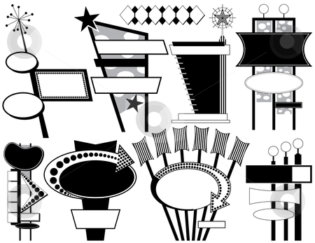 To use this stock image in your creative project, please select the size you need over to the right and click the "Add to Cart" button.
Your downloaded image will come with the Cutcaster watermark removed so don’t worry about the watermark you see on this page. Nine Retro Advertising Signs stock vector clipart, Nine Black and White Retro Advertising Signs by Adrian Sawvel