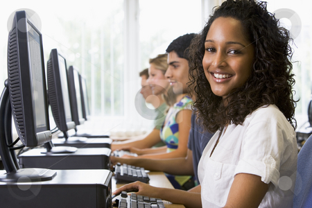 To use this stock image in your creative project, please select the size you need over to the right and click the "Add to Cart" button.
Your downloaded image will come with the Cutcaster watermark removed so don’t worry about the watermark you see on this page. College students in a computer lab stock photo, by Monkey Business Images