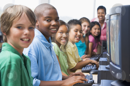 To use this stock image in your creative project, please select the size you need over to the right and click the "Add to Cart" button.
Your downloaded image will come with the Cutcaster watermark removed so don’t worry about the watermark you see on this page. Elementary school computer class stock photo, Elementary school computer class looking to camera by Monkey Business Images