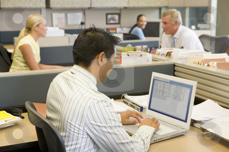 To use this stock image in your creative project, please select the size you need over to the right and click the "Add to Cart" button.
Your downloaded image will come with the Cutcaster watermark removed so don’t worry about the watermark you see on this page. Businessman in cubicle at laptop stock photo, by Monkey Business Images
