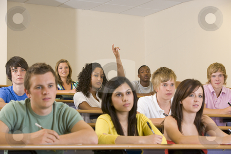 To use this stock image in your creative project, please select the size you need over to the right and click the "Add to Cart" button.
Your downloaded image will come with the Cutcaster watermark removed so don’t worry about the watermark you see on this page. College student with hand raised in university lecture hall stock photo, by Monkey Business Images